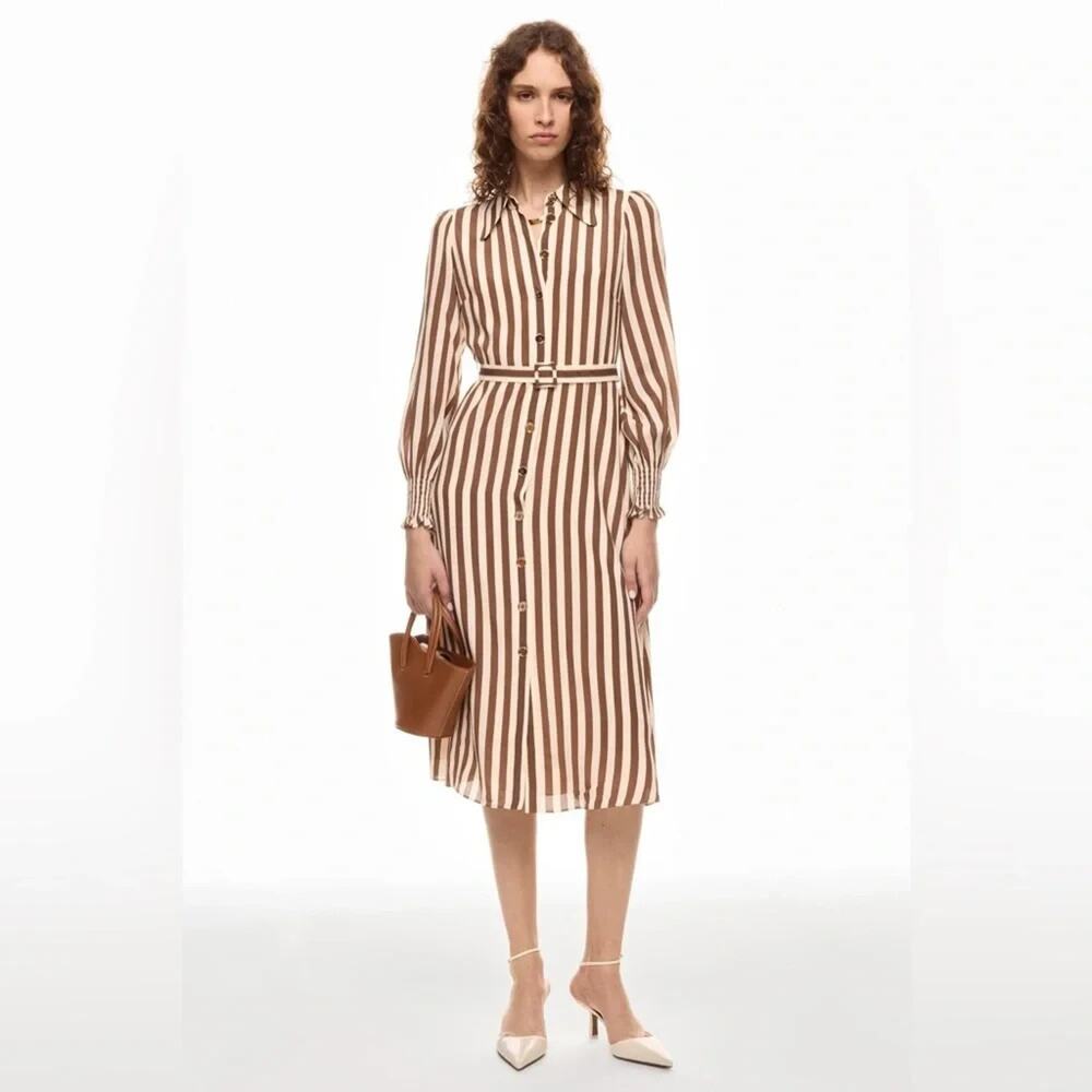 LK Bennett Emelia Shirt Dress Brown Ivory Striped Button Long Sleeve Sz 16